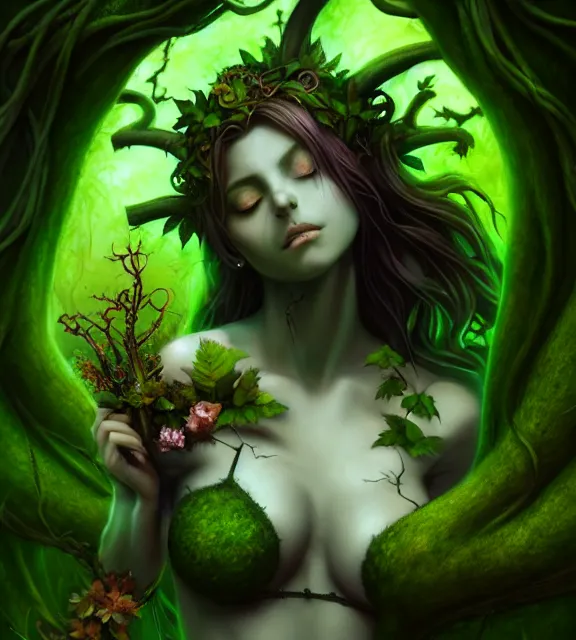 Image similar to ancient graveyard with beautiful female spriggan wearing green leaf halter top, perfect face, dark green leaf hair, with abs, cinematic, blush, stunning, tombstones, graves, vines, elegant, highly detailed, psychedelic, digital painting, artstation, smooth, hard focus, illustration, art by jessica rossier and and brian froud