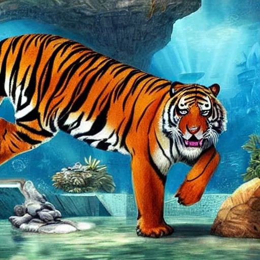 Prompt: a painting of a tiger discovering the lost city of atlantis