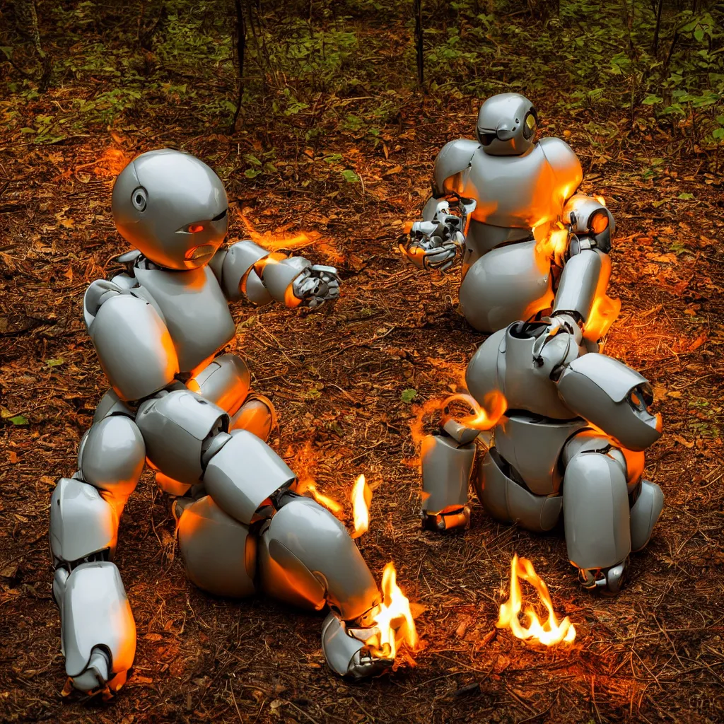 Image similar to translucent robot sitting by a campfire in the woods at night, back turned, award winning photograph, sigma 8 5 mm f / 8, hyperrealistic, somber, contemplative, moody