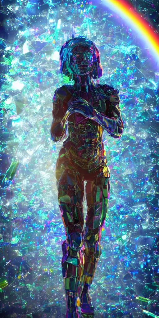 Prompt: a photo of 8k ultra realistic corrupted rainbow humanoid queen standing next to a spaceship window overlooking earth, swarm of transparent glass shards, cinematic lighting, trending on artstation, 4k, face enhance, muscular upper body, hyperrealistic, focused, extreme details, unreal engine 5, cinematic, masterpiece