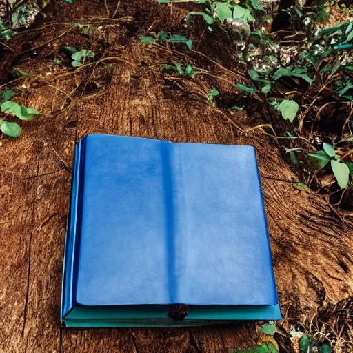 Prompt: a blue leather bound book, standing open on a wooden stump in a jungle, vines growing around