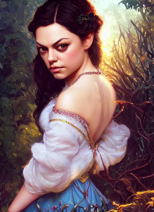 Image similar to beautiful young mila kunis as snow white princess disney, closeup, d & d, fantasy, intricate, elegant, highly detailed, digital painting, artstation, concept art, matte, sharp focus, illustration, art by artgerm and greg rutkowski and alphonse mucha