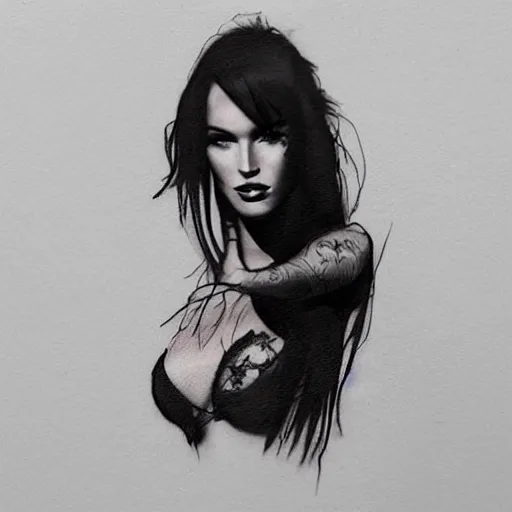 Prompt: double - exposure tattoo sketch of megan fox shaped in beautiful mountains, in the style of dan mountford