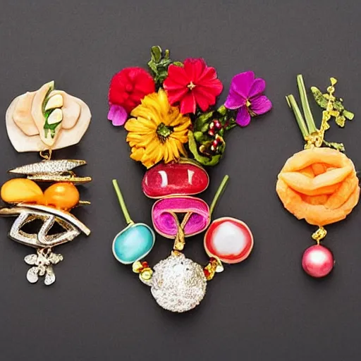 Prompt: a bouquet of jewellery in the style of food plating