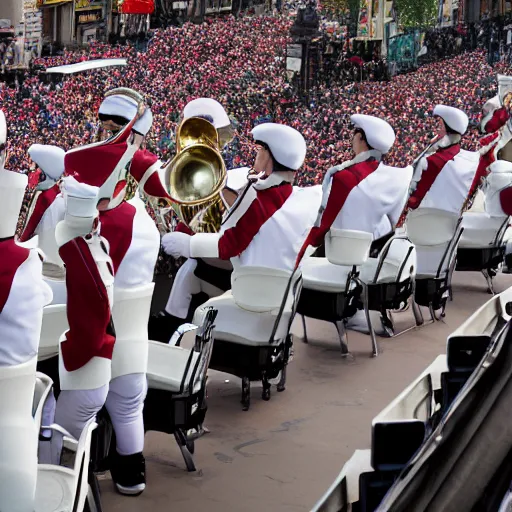 Prompt: marching-band-sitting-on-toilets, parade, daytime, outdoors, photorealistic, real life, 4K, high detail
