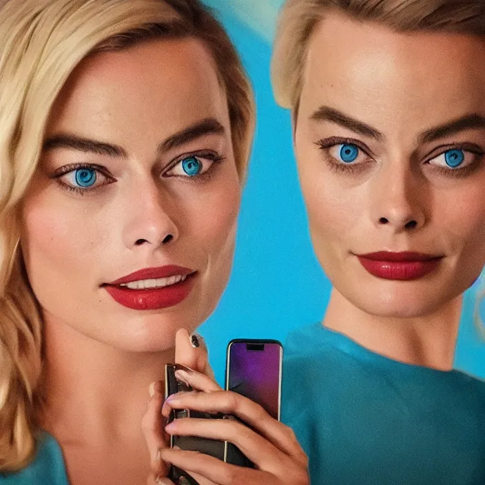 Image similar to margot robbie, holding iphone. very coherent symmetrical artwork. cinematic, high detail, octane render, 8 k, iridescent accents