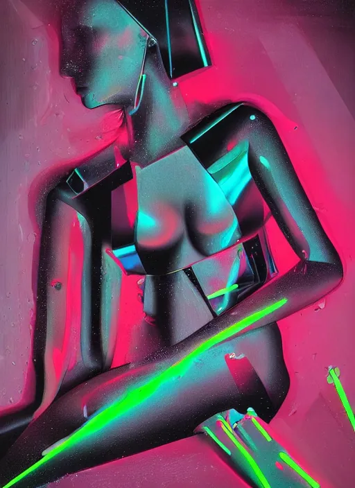 Image similar to futuristic lasers tracing, data visualization, laserpunk fullbodysuit,, pyramid visor, raindrops, wet, oiled, beautiful cyborg girl pinup, by steven meisel, kaws, rolf armstrong, cubist perfect geometry abstract acrylic, hyperrealism photorealistic airbrush collage painting, monochrome, neon fluorescent colors, minimalist rule of thirds, eighties eros