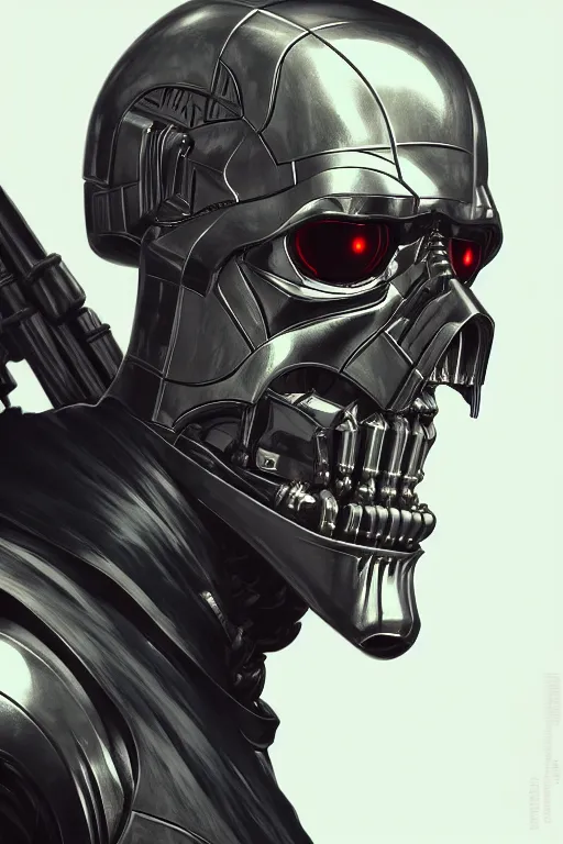 Image similar to T800 endoskeleton mixed with Darth lord Sith, RPG Reference, art by ilya kuvshinov, artgerm, Alphonse mucha, and Greg Rutkowski, Trending on Artstation, octane render, Insanely Detailed, 8k, HD