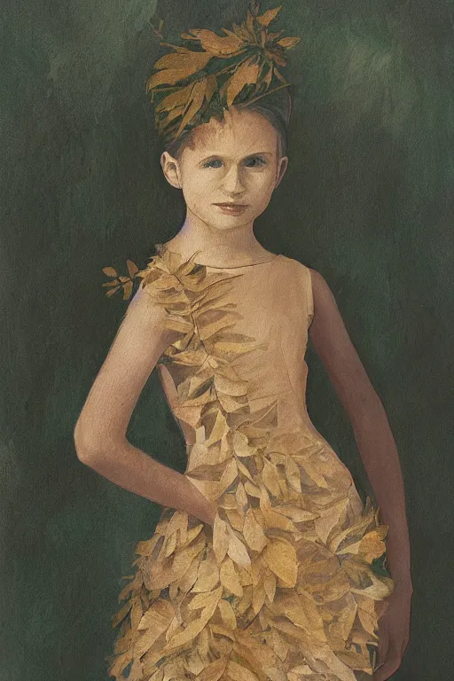 Prompt: a portrait of a girl wearing a dress made up of leaves