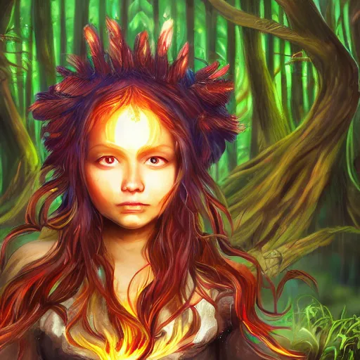 Prompt: magical astonishing dark forest is protected by an indigenous girl, her hair glows on fire as she protects the forest with her fire powers. trending on artstation, splash art hyper-detailed, 4K