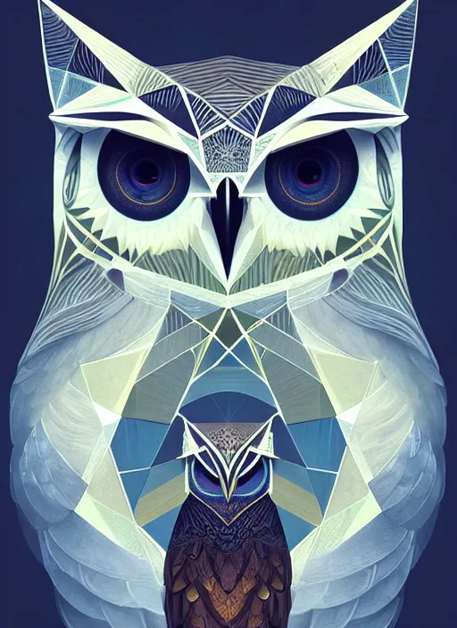 Image similar to portrait of a geometric owl, identical eyes, medium shot, illustration, full body made of white feathers, symmetrical, art stand, super detailed, cinematic lighting, and its detailed and intricate, gorgeous, by peter mohrbacher