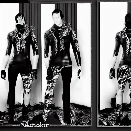 Prompt: a photoshoot of a new clothing line named narcissist, 8 k concept art, black and white, color splash, detailed, clouds, dark, grim, professional, cinematic lighting