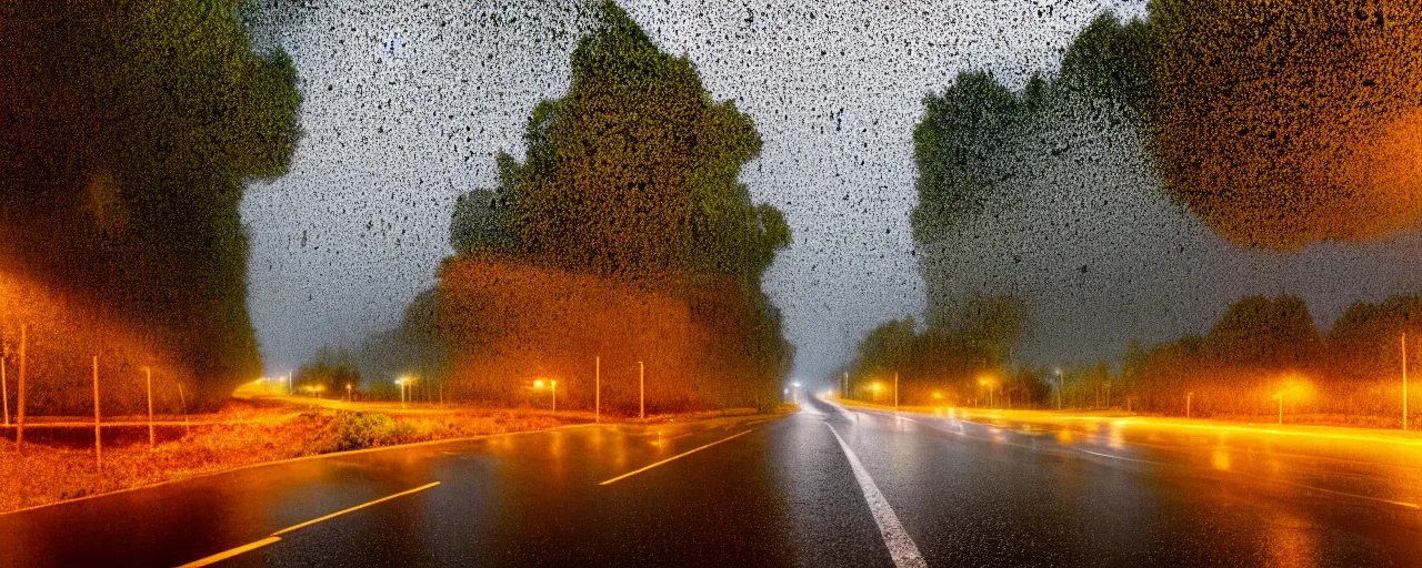 Prompt: at night, it is raining in the sky, a large road extends into the distance, the leaves on both sides of the road are yellowed by the street lights, tranquility, film texture, super fine, 8 k