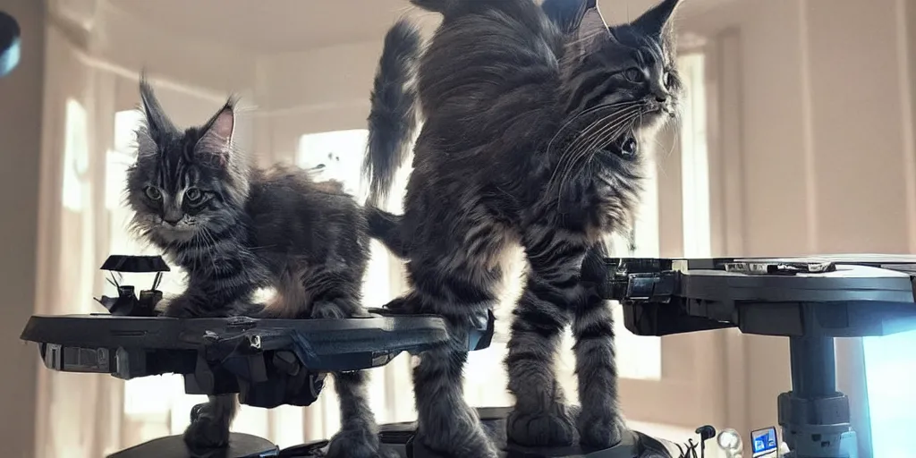 Prompt: a 3 d rendered movie still a of mainecoon robot kitten has become a cat scanning device. cyberpunk cat tree. science fiction blockbuster movie from the future, imax 7 0 mm. style of mandalorian ( american space western television series )