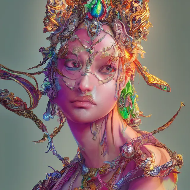 Image similar to studio portrait of colorful female divine mech dancer as absurdly beautiful, elegant, young sensual gravure idol, ultrafine hyperrealistic detailed face illustration by kim jung gi, irakli nadar, intricate linework, sharp focus, bright colors, matte, octopath traveler, final fantasy, unreal engine highly rendered, global illumination, radiant light, intricate environment