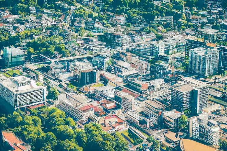 Image similar to bird's eye view photography of a small city. town hall, central farm, monorail station, beach and harbor. hills, woods and lake to the north.