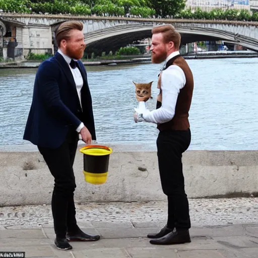 Prompt: mcgregor is dressed as a gentleman at early 2 0 th century paris. he is having a coffee at the banks of river seine. ewan mcgregor has a coffee cup on his hand. next to him is a small brown cat with yellow glowing eyes. blueish tint