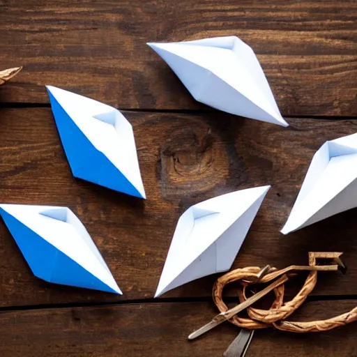 Prompt: one blue paper boat leading a group of white paper boats, on a wooden table with a compass etching