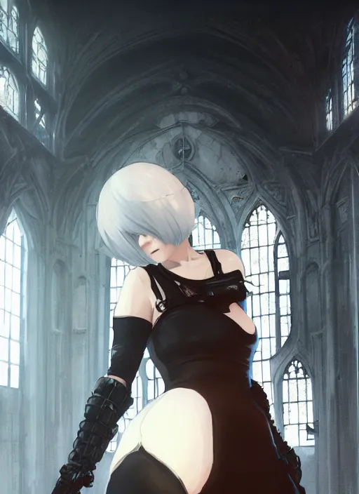 Image similar to portrait of 2 b from nier automata in an abandoned church, dead robots, a large katana, intricate, elegant, glowing lights, highly detailed, digital painting, artstation, concept art, smooth, sharp focus, illustration, art by wlop, mars ravelo and greg rutkowski