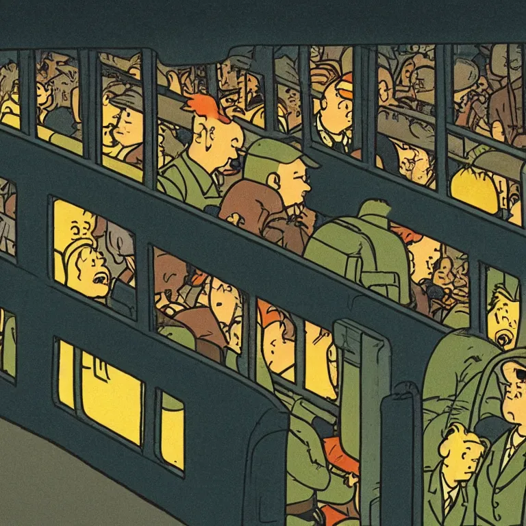 Prompt: some people waiting in bus stop in quiet dark city night, detailed, high quality, high resolution, color illustration by herge in tintin flight 714