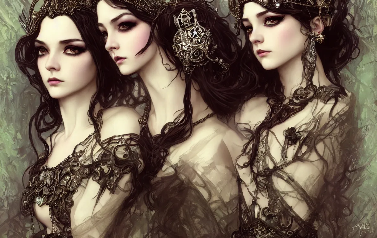 Image similar to beautiful and luxury and victorian and gothic and dieselpunk young medieval dark crown princess portrait like blackpink lisa + smoky eyes + front face with light flowing hair, ultradetail face, art and illustration by tian zi and craig mullins and wlop and alphonse mucha, fantasy, intricate complexity, human structurefantasy character concept, watermark, blurry, hyperrealism 8 k