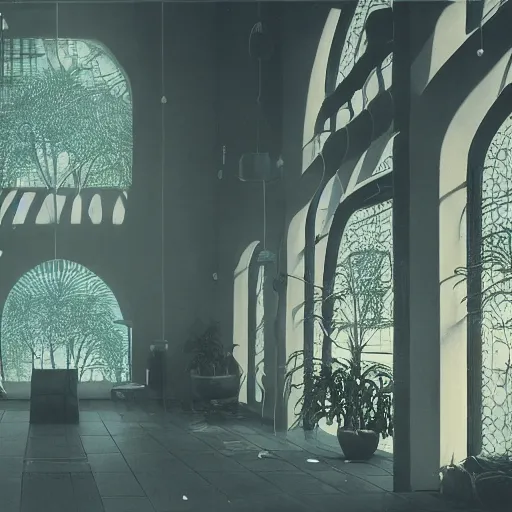 Image similar to 70s interior with arched windows, natural sunlight, summer, hanging plants, cinematic, cyberpunk, lofi, calming, dramatic, fantasy, by Moebius, by zdzisław beksiński, Fantasy LUT, epic composition, sci-fi, dreamlike, surreal, angelic, cinematic, 8k, unreal engine, photorealistic, fantasy concept art,