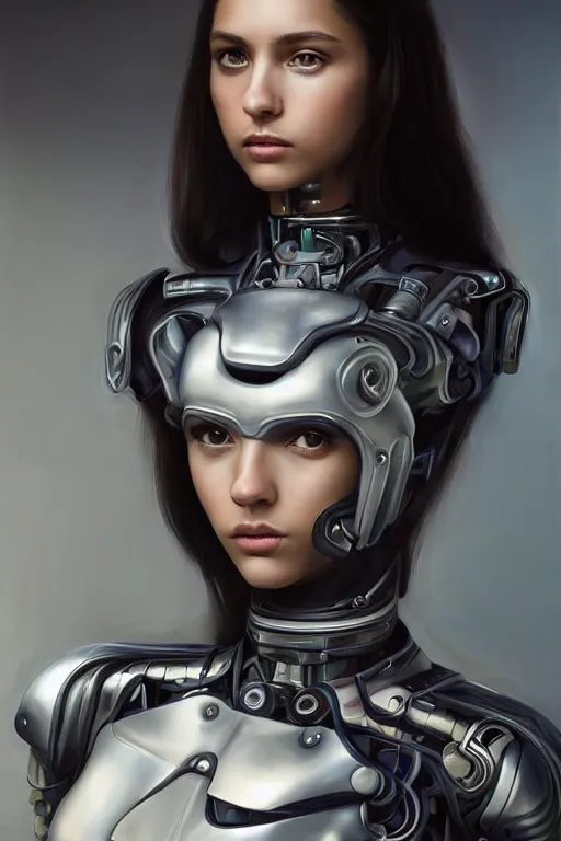 Image similar to a photorealistically painted portrait of an attractive young girl, partially clothed in cybernetic body armor, with an abstractly painted background, flawless olive skin, fair complexion, long dark hair, beautiful bone structure, perfectly symmetric facial features, perfect photorealistic eyes, natural physique, intricate, elegant, digital painting, concept art, finely detailed, beautifully illustrated, sharp focus, minimal artifacts, volumetric lighting, from Metal Gear, by Ruan Jia and Mandy Jurgens and Artgerm and William-Adolphe Bouguerea, in the style of Greg Rutkowski, trending on Artstation, award winning art