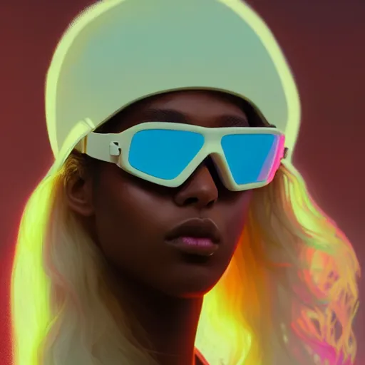 Image similar to beautiful woman wearing opaque reflective goggles profile picture by greg rutkowski, brown skin, long afro hair, asymmetrical, futuristic, pastel neon colors, streetwear, studio ghibli, organic painting, matte painting, geometric shapes, hard edges, street art, trending on the artstation, fantasy lut, realistic by sachin teng,