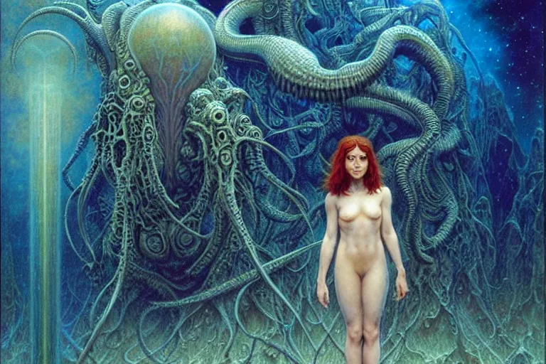 Image similar to cute young alyson hannigan with short hairs on lovecraftian planet by jean delville by luis royo and wayne barlowe, beksinski