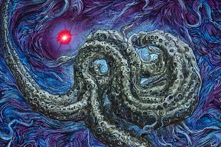 Prompt: a giant lovecraftian tentacle creature gripping a black hole, digital art, photorealistic, vivid colors, highly detailed, intricate