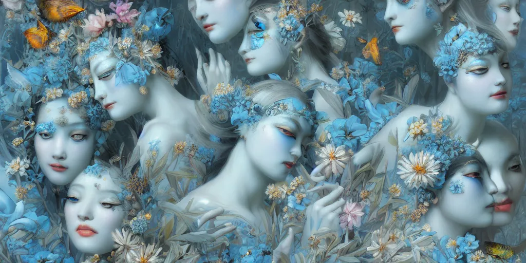 Image similar to breathtaking detailed concept art painting art deco pattern of faces goddesses amalmation light - blue flowers with anxious piercing eyes and blend of flowers and birds, by hsiao - ron cheng and john james audubon, bizarre compositions, exquisite detail, extremely moody lighting, 8 k