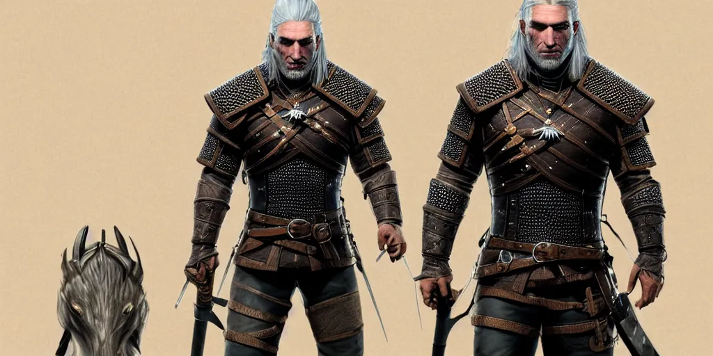 Image similar to geralt of rivia new costume concept design with metal sholders and ornaments on the armor, witcher wild hunt, fashion, colors with gold and dark blue, concept art, by artgerm, greg rutkowski, cinematic light, featured on artstation, octane render, sharp focus, ray tracing, artstationhq, cgsociety, 8 k.