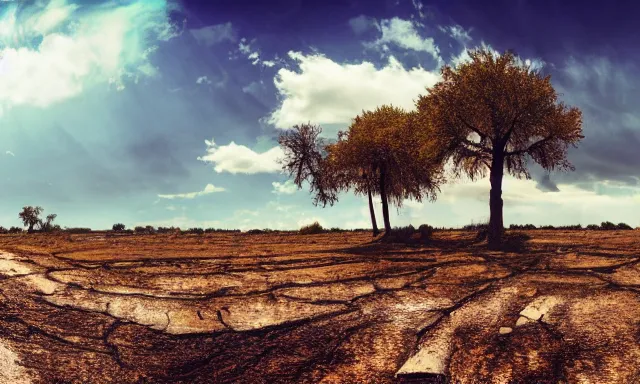 Image similar to panorama of big raindrops flying upwards into the perfect cloudless blue sky from a dried up river in a desolate land, dead trees, blue sky, hot and sunny highly-detailed, elegant, dramatic lighting, artstation, 4k, cinematic landscape, photograph by National Geographic