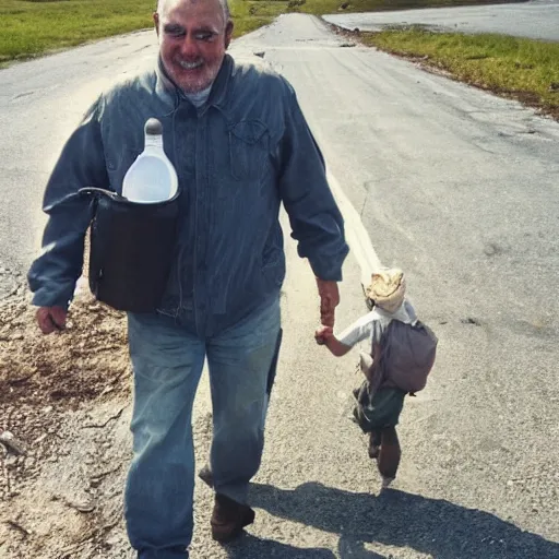 Prompt: my dad returning home after many years with milk during a postapocalyptic war