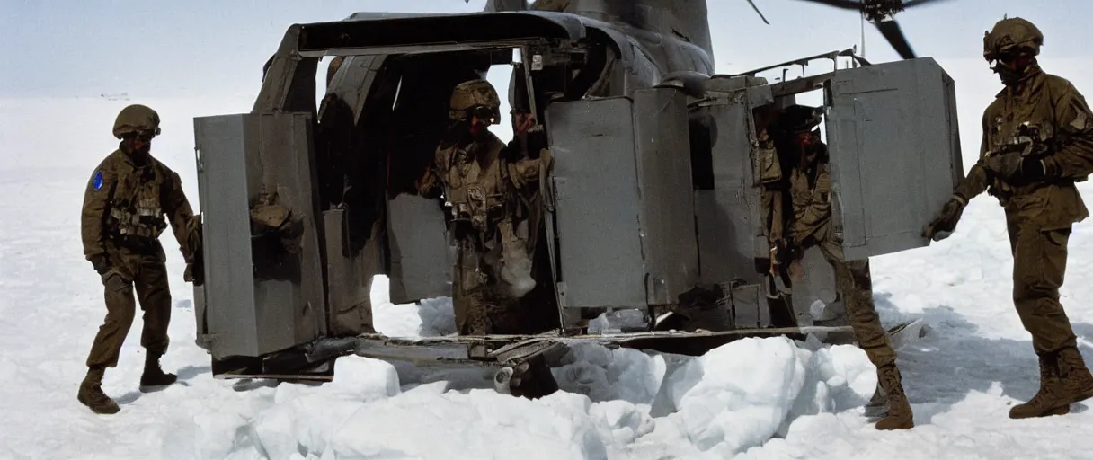 Prompt: establishing wide shot color movie like 3 5 mm photograph of a us soldier unloading metal crate from a black military 1 9 8 2 helicopter in antarctica