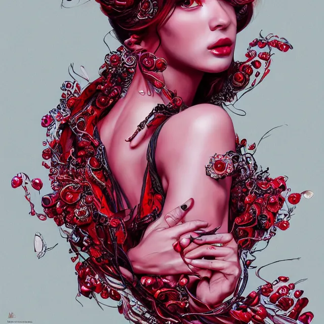 Prompt: an absurdly beautiful, elegant, young hypercolorful woman made of rubies and red gems, ultrafine hyperrealistic detailed face illustration by kim jung gi, irakli nadar, intricate linework, sharp focus, bright colors, matte, octopath traveler, final fantasy, unreal engine highly rendered, global illumination, radiant light, intricate environment