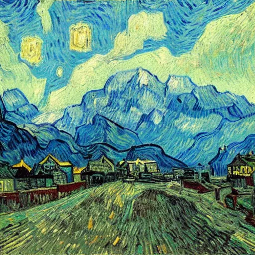 Prompt: Switzerland with Van gogh sky