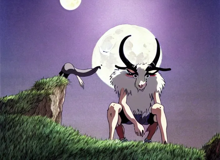 Image similar to a still from a studio ghibli movie of a cartoon half goat half man from princess mononoke ( 1 9 9 7 ), in front of a pale full moon, full body, wide shot, very dull muted colors, studio ghibli, highly detailed, deviantart, art by artgem