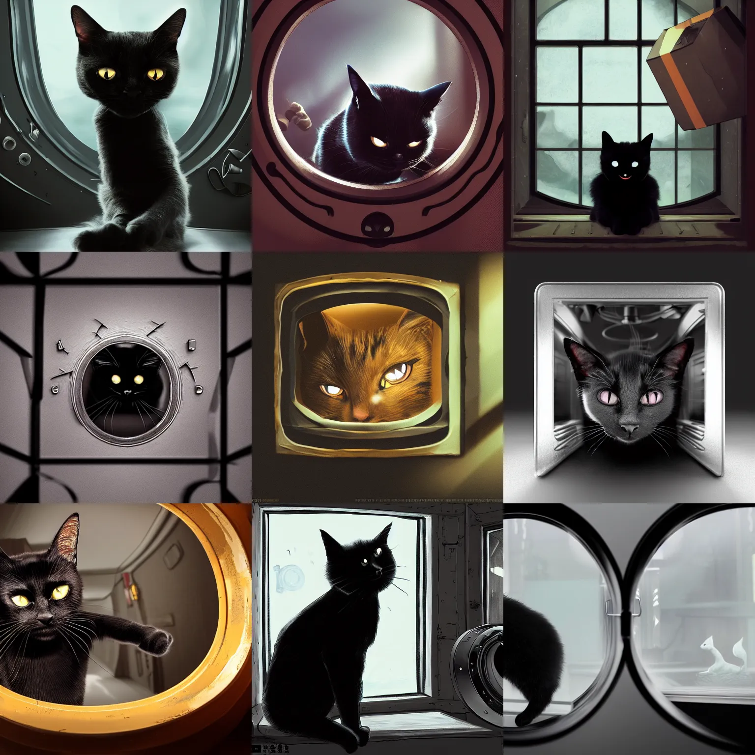 Prompt: schrodinger's black cat plans its revenge, angry, inside its box, looking at us from a porthole, waporware, raytracing, dreamy, sharp focus, cinematic lighting, highly detailed, artstation, divine, by huifeng huang