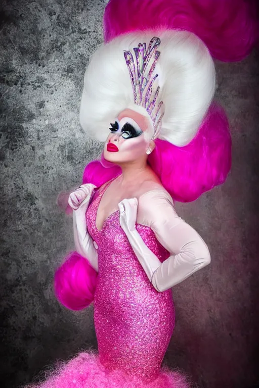 Prompt: portrait of a drag queen (man in drag) wearing: heavy drag makeup, pink glitter mermaid gown, white satin gloves, huge pink wig with bouffant hairdo and decorated with a hairbow, pink 7 inch high heels