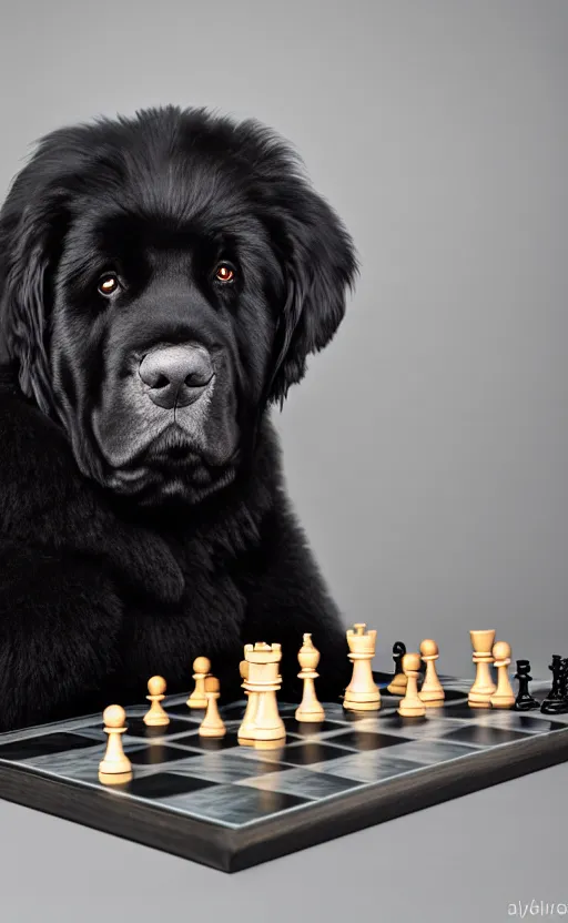 Image similar to An award winning photograph of a black newfoundland dog, looking intelligent, playing chess, studio lighting, medium shot, Sigma 85mm, 8k