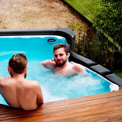 Image similar to two bros chilling in a hot tub 5 feet apart because they ’ re not gay, trending on artstation, award winning photography