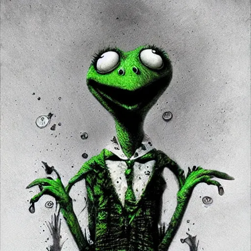 Image similar to michael karcz grunge drawing of kermit the frog. , in the style of corpse bride, loony toons style, horror themed, detailed, elegant, intricate