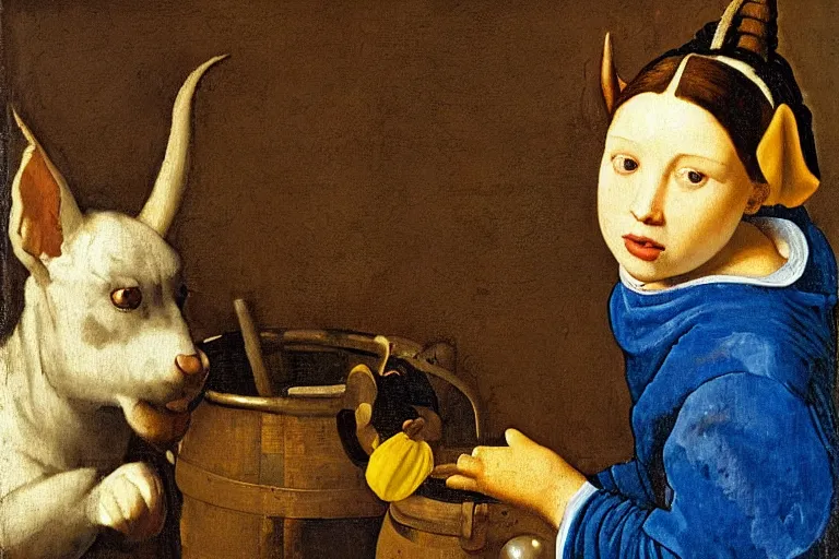 Prompt: girl with brown hair, short horns, long animal ears, a yellow t - shirt and blue overalls, wearing a barrel in a medieval marketplace, baroque, art by johannes vermeer