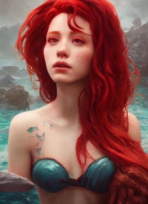 Image similar to portrait of ariel, red hair, sea, hyper detailed, digital art, cinematic lighting, studio quality, smooth render, unreal engine 5, octane rendered, art style by klimt and nixeu and ian sprigger and wlop and krenz cushart.