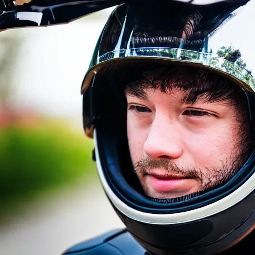 Image similar to person wearing motorcycle helmet, mirrored visor