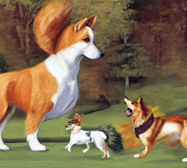 Image similar to oil painting of queen elizabeth riding a corgi like a horse across the lawn of buckingham palace