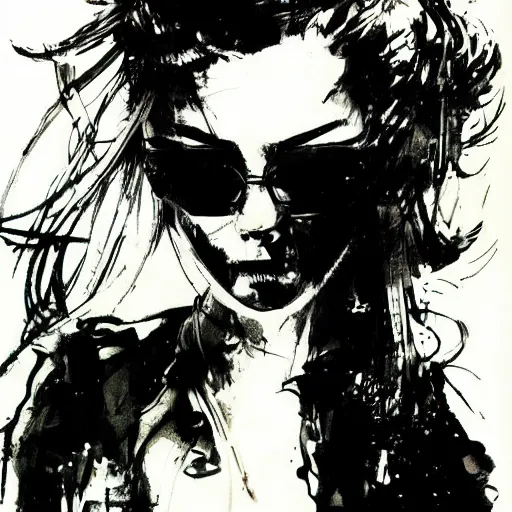 Prompt: ink illustration of Elle Fanning by Yoji Shinkawa
