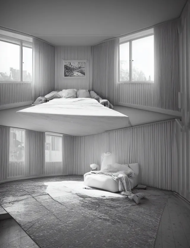 Image similar to an ultra wide angle photo of a bed hovering above the floor in the middle of a giant bedroom with impossible angles with windows opening to other worlds by casey weldon and lee madgewick and m. c. escher, photorealistic, octane render, recursive!!!!, flowing, cascading, multiverse!!!!!!, labyrinthine