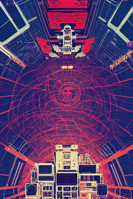 Image similar to the interior of an international space station filled with electronic equipment, ancient futuristic japanese temple, poster art by victo ngai, ori toor, kilian eng behance contest winner, crystal cubism, poster art, cubism, tarot card, psychedelic art, concert poster, poster art, maximalist